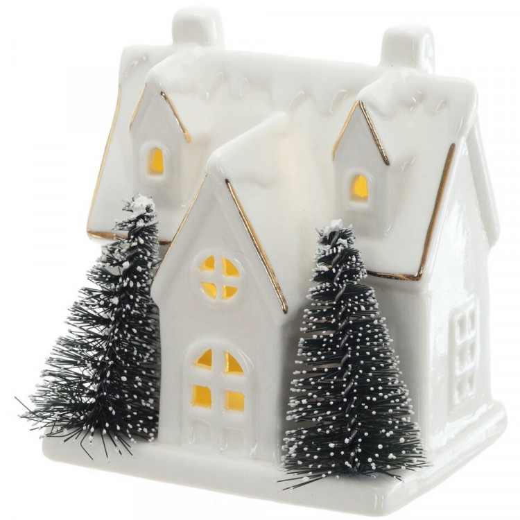 Статуэтка декоративная "Домик с ёлками" 09см с подсветкой арт.823282