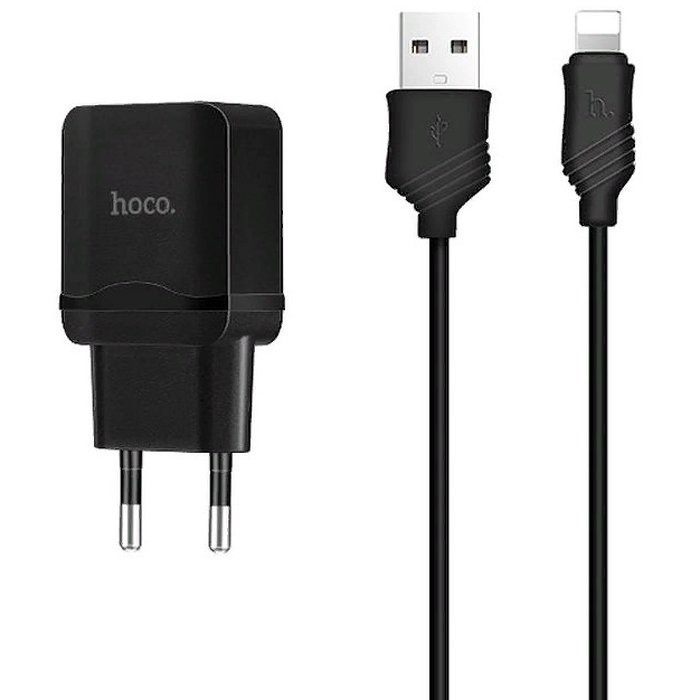 Блок питания сетевой 1 USB HOCO C22A (2400mA,пластик,кабель 8 pin) цвет: черный