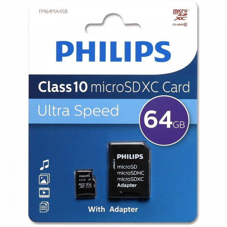Карта памяти 64Gb PHILIPS microSDHC Class 10 (SD адаптер)