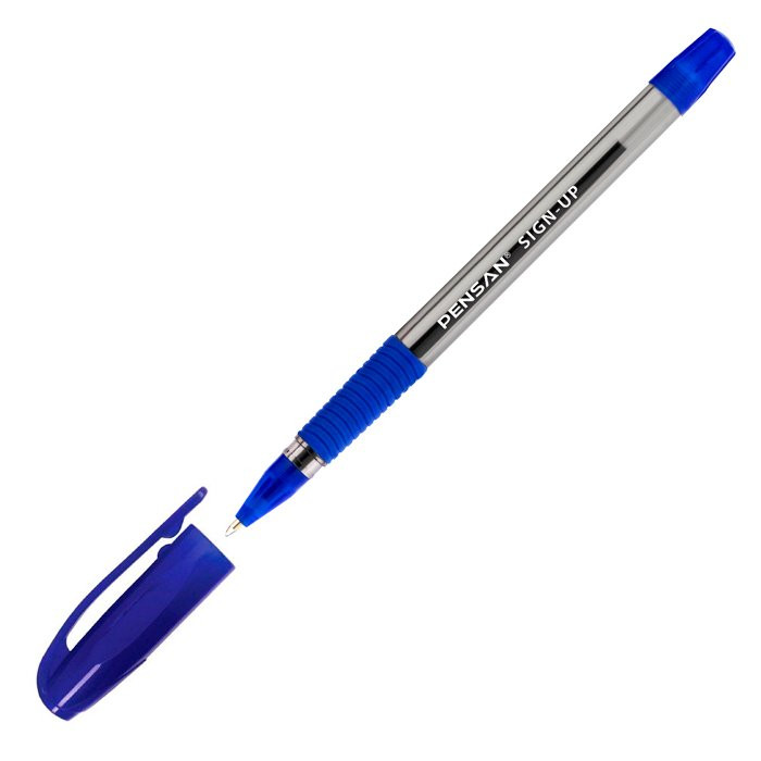 Ручка шариковая прозрачный корус резиновый упор (Pensan) SIGN-Up синяя/масло/конус, 1,0мм арт.2410/12BLUE (Ст.12)
