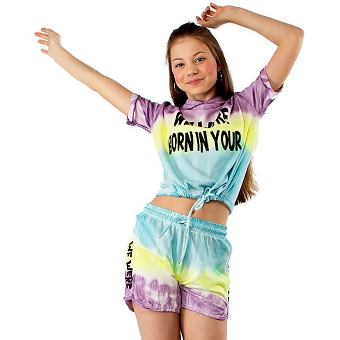 Комплект для  девочки  артикул LCL 1510 размер 36/140-44/164 (футболка+шорты) цвет фиолетово-лимонный