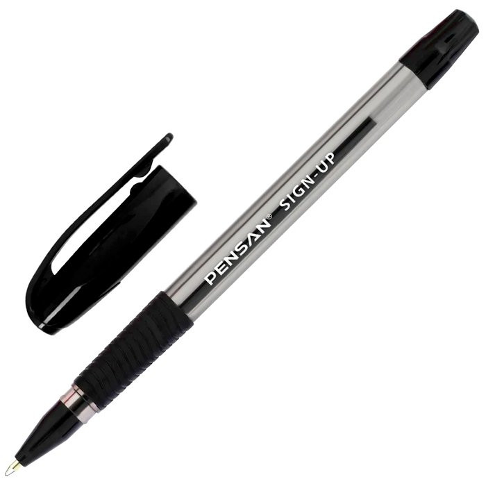 Ручка шариковая прозрачный корус резиновый упор (Pensan) SIGN-Up черная/масло/конус, 1,0мм арт.2410/12BLACK (Ст.12)