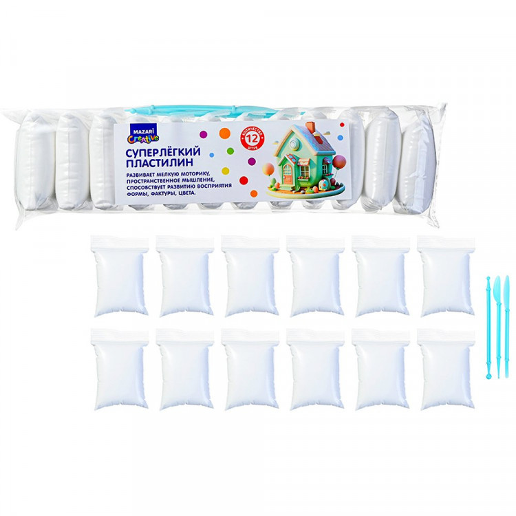 Пластилин супер легкий Белый (Mazari) 12 штук 3 стека арт.M-4199-12W