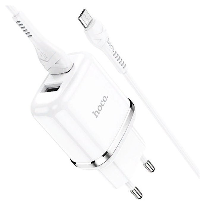 Блок питания сетевой 2 USB HOCO N4 (2400mA,пластик,огнестойкий) цвет: белый