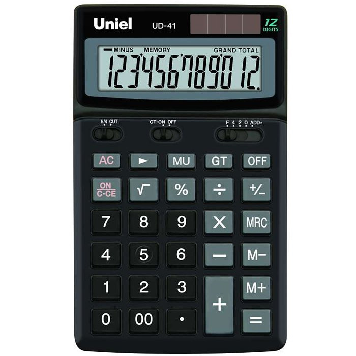 Калькулятор настольный 12 разрядов, двойное питание UNIEL 172*107*29 подъемный дисплей, металлическая панель, черный (UD-41К)  (Ст.1)
