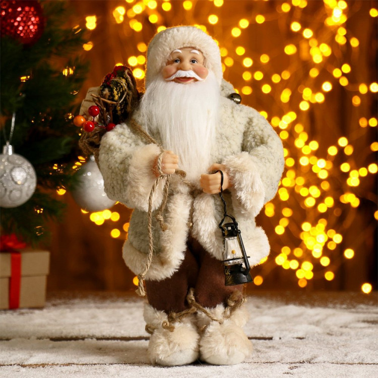 Игрушка декор. "Дед Мороз в белой шубке с фонариком и мешком" 30см арт.3555417