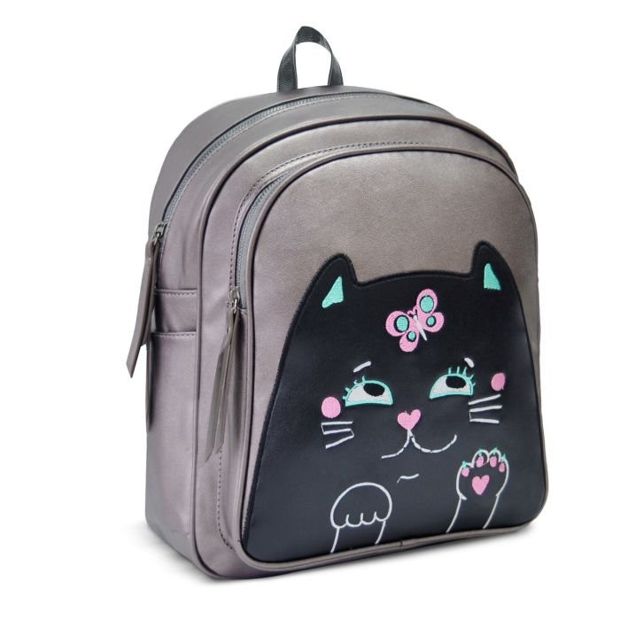 Рюкзак для девочек  (Феникс) серый с котом 35х26х16 см арт.48368