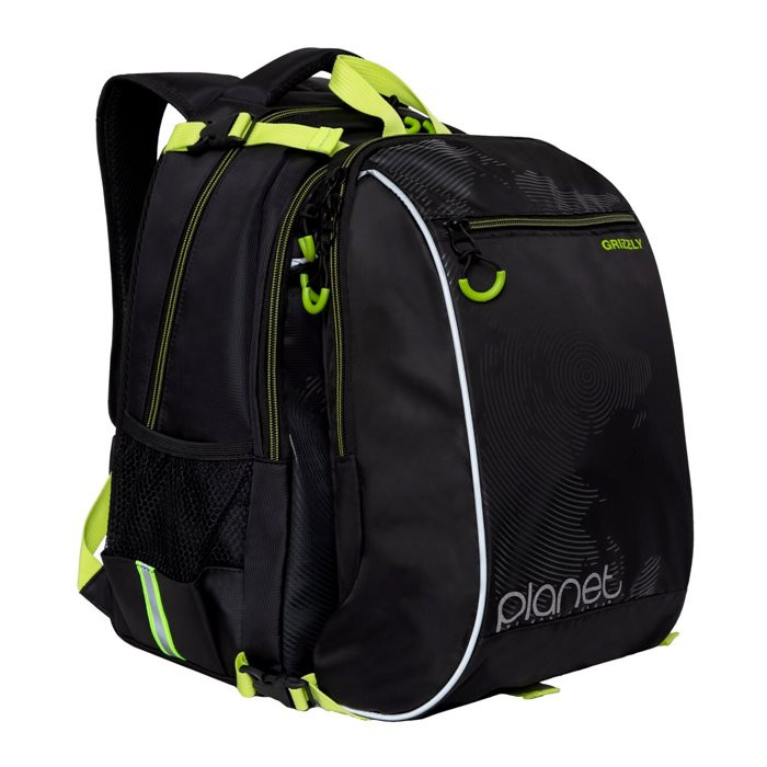 Ранец для мальчика школьный (Grizzly) + мешок арт.RB-056-1 черный - салатовый 28х39х17см