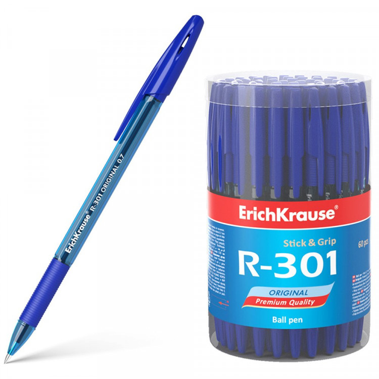 Ручка шариковая прозрачный корпус резиновый упор (ErichKrause) R-301 Original синий, 0,7мм арт.55381 (Ст.50)