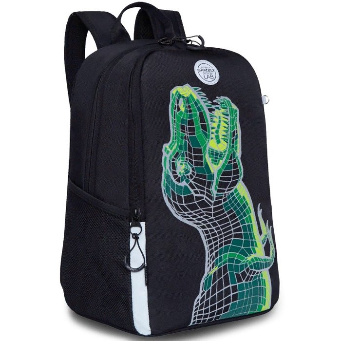 Рюкзак для мальчика школьный (Grizzly) арт. RB-251-1/2 черный - зеленый  29х38х17,5см
