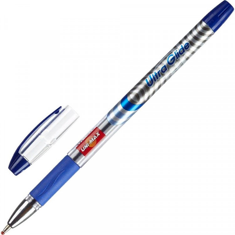 Ручка шариковая прозрачный корпус (Unimax) Ultra Glide  резиновый упор, синий, 1мм, игла, масло арт.721879 (Ст.)
