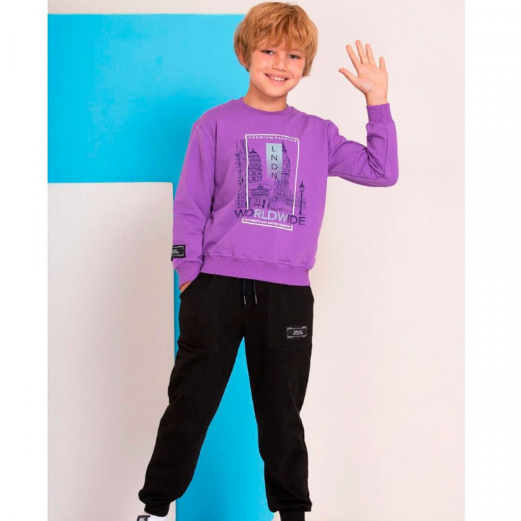 Костюм для мальчика (Smile) артикул 8036 размерный ряд 28/110-32/128 (толстовка+брюки) цвет фиолетовый
