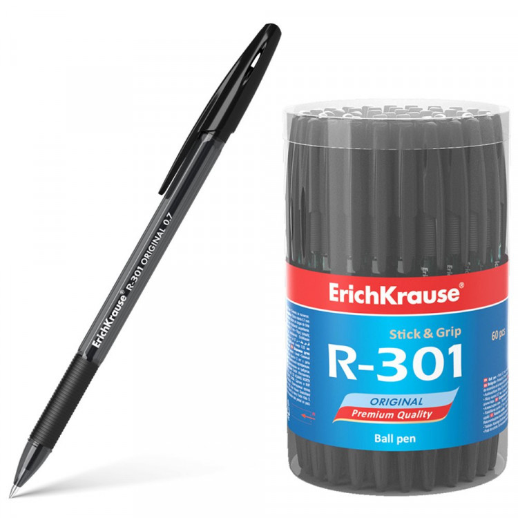 Ручка шариковая прозрачный корпус  резиновый упор (ErichKrause) R-301 Original черный, 0,7мм, арт.55382 (Ст.60)