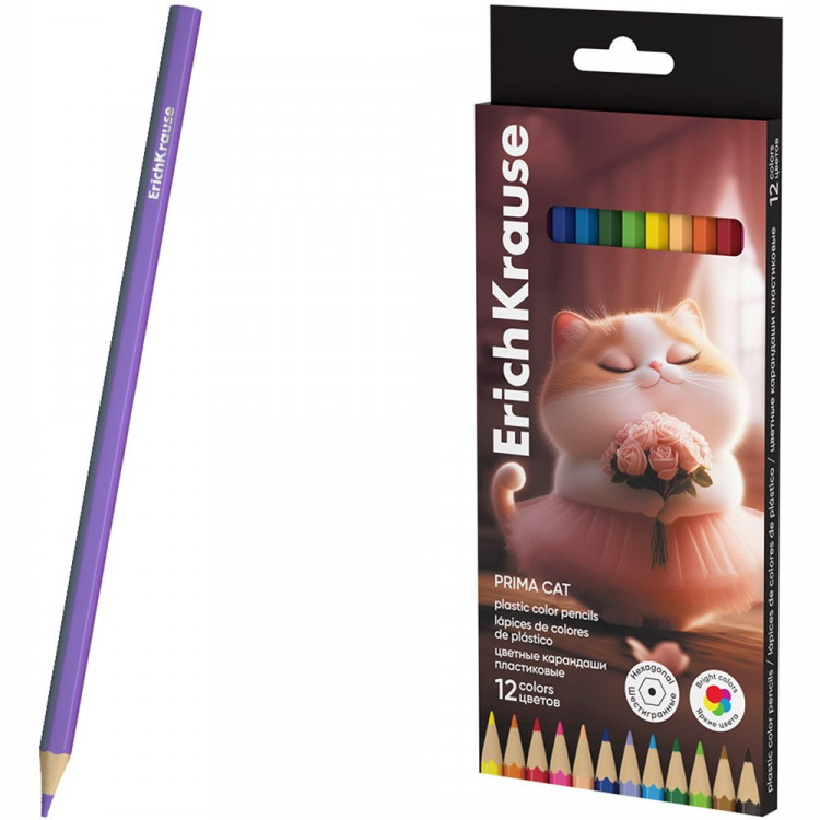 Карандаши цветные ErichKrause пластиковые Прима-кошка 12 цветов шестигранные 2,6 мм арт.65010