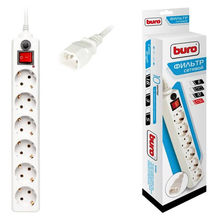 Сетевой фильтр BURO 600SH-1.8-UPS-W, 1.8м, белый ( 6 розеток)