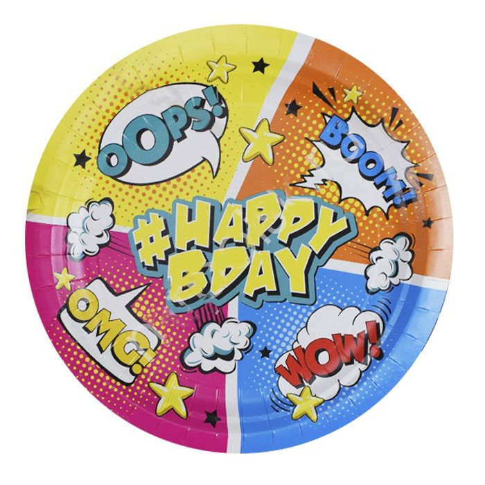 Тарелки бумажные "Комиксы #HappyBday" 06шт/наб. D-23см арт.6058265