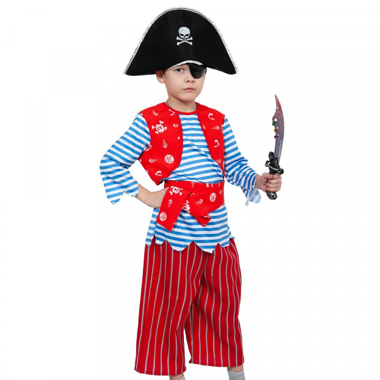 Костюм для мальчика Пират Билли (шляпа,тельняжка,жилет,бриджи,аксессуары) р.128-134 ткань арт.5058-М