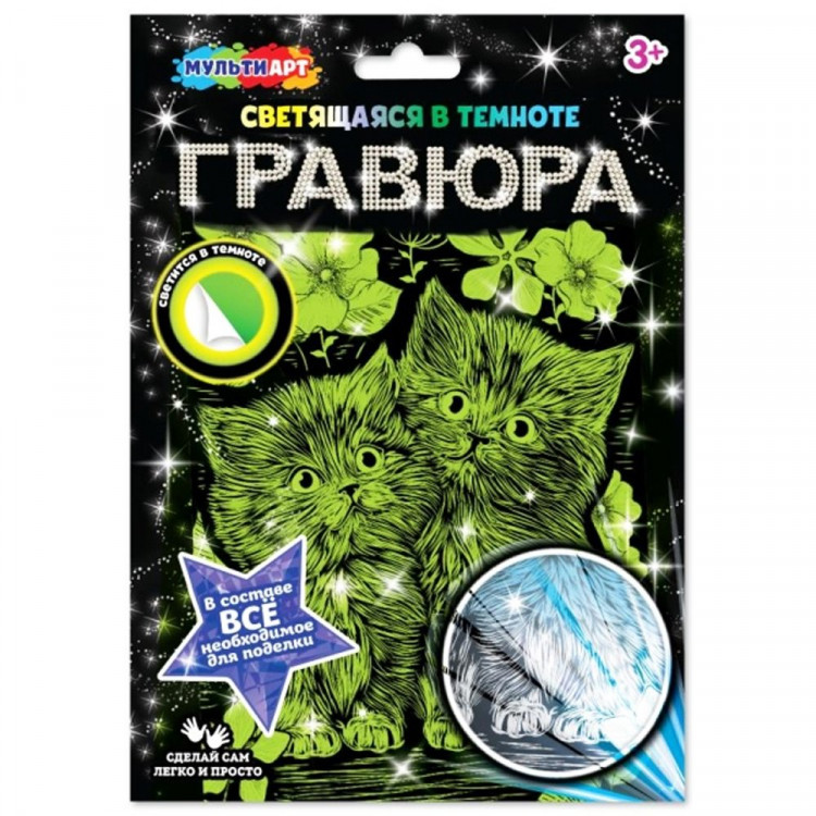 Гравюра А5+ Котики светящаяся в темноте (MultiArt) арт.SCRGLOW-119816