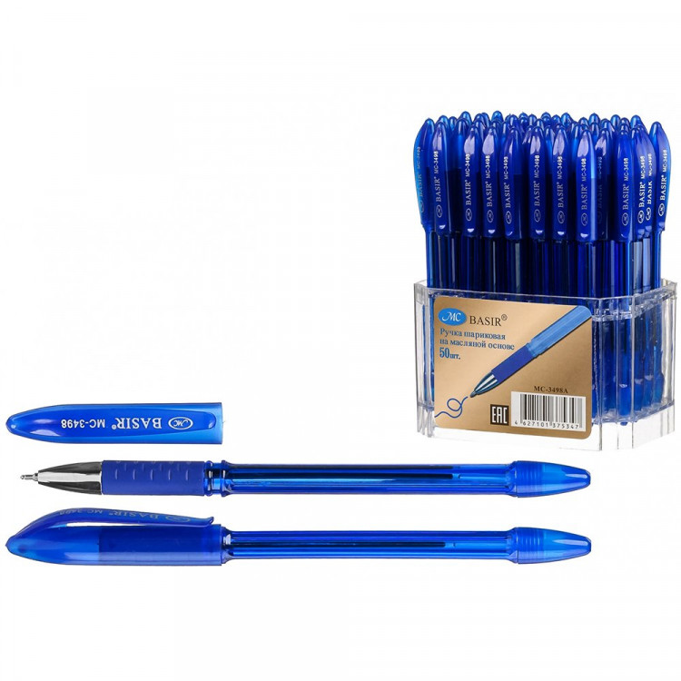 Ручка шариковая прозрачный корпус резиновый упор (BASIR) син/масляная игла 0,7мм арт.МС-3498/МС-3497 асс.
