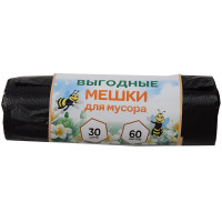 Пакеты для мусора 60л 30штук в рулоне ПНД черные 8 микрон Пчела