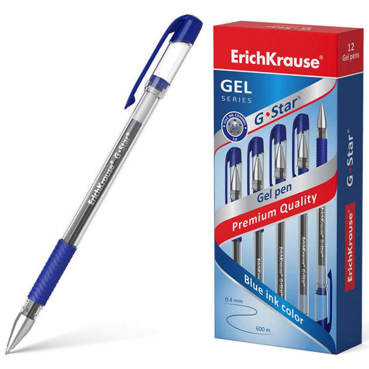 Ручка гелевая прозрачный корпус  резиновый упор (ErichKrause) G-Star Classic синий, 0,5мм арт.54536 (Ст.12)