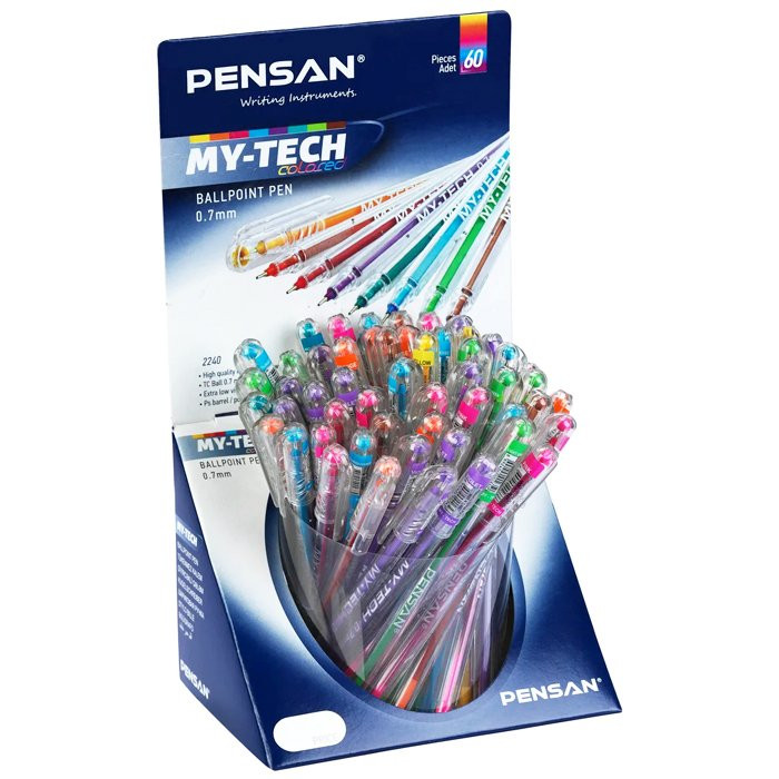 Ручка шариковая прозрачный корус (Pensan) MY-TECH 8цветов в ассортименте/мало/игла 0,7мм арт.2240/S60R (Ст.60)