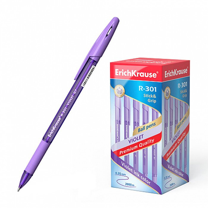 Ручка шариковая прозрачный корпус резиновый упор ЕК R-301 Violet фиолетовая/конус 0,7мм (Ст.50)