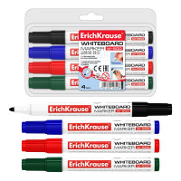 Набор из 4 маркеров для досок ErichKrause W-500, цвет чернил: черный, синий, красный, зеленый (в пвх-воллете) арт.12849