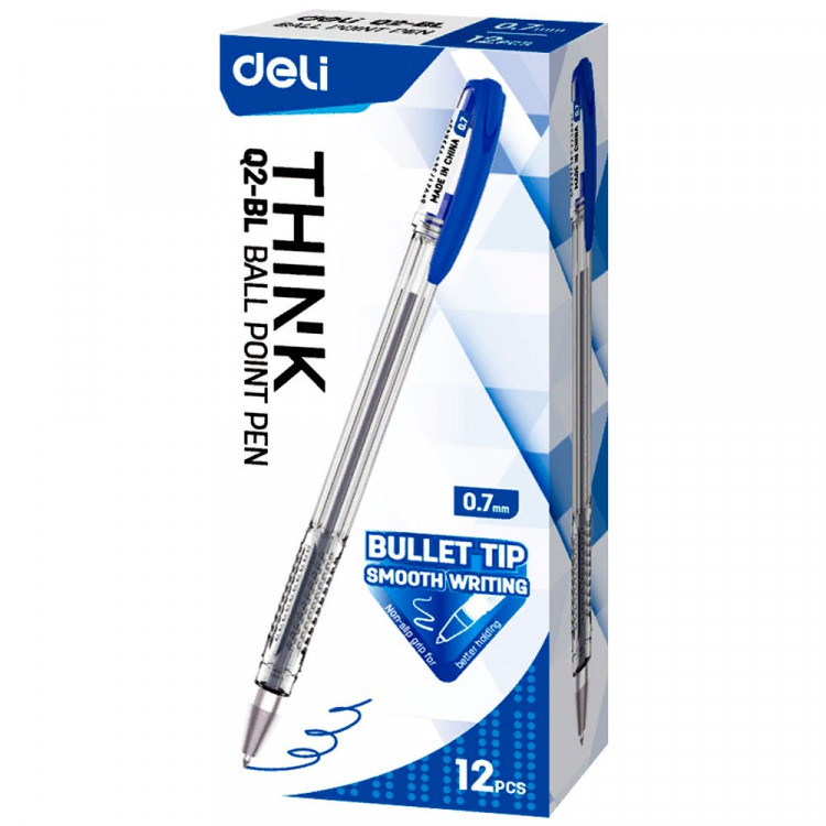 Ручка шариковая Deli Think прозрачный корпус, синяя 0,5мм арт.EQ2-BL (Ст.12)