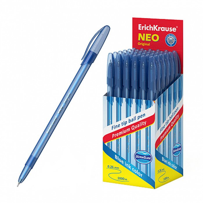 Ручка шариковая прозрачный корпус резиновый упор ЕК Neo Original синяя/игла, линия 0,26мм, одноразовая (Ст.50)