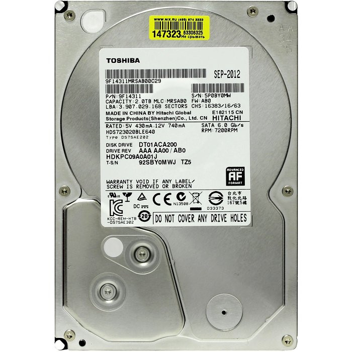 Жесткий диск 2Тб TOSHIBA DT01ACA200, HDD, SATA III, 3.5