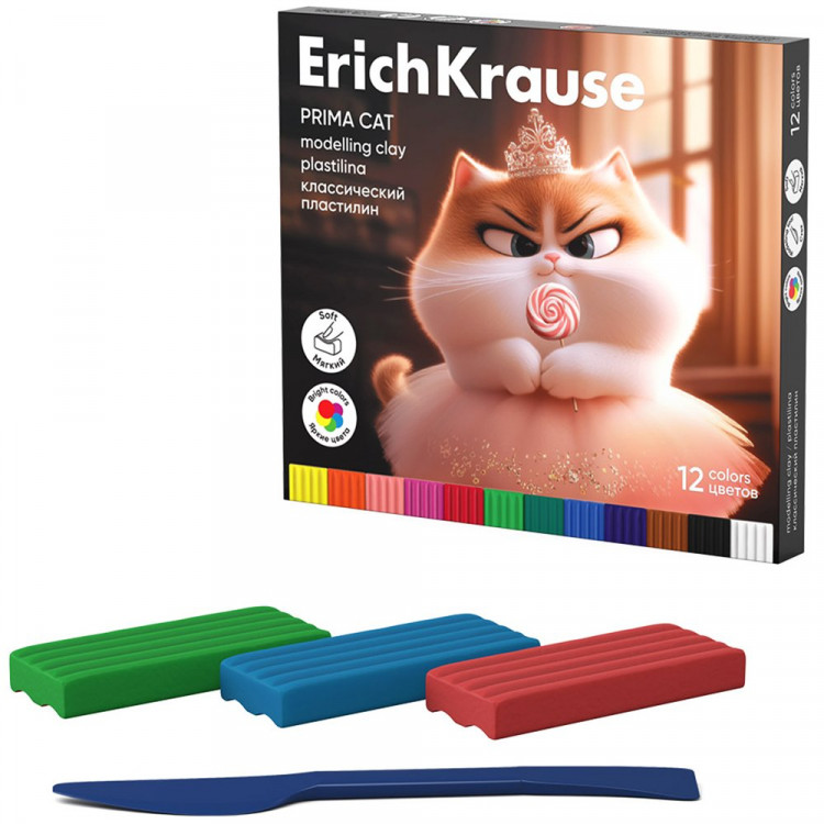 Пластилин 12 цветов 192 грамма ErichKrause Прима-кошка со стеком картонная коробка арт 65197