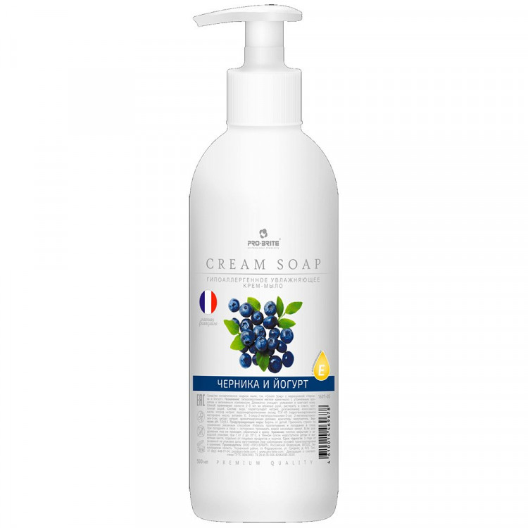 Туалетное мыло жидкое 500мл дозатор Cream Soap черника и йогурт (крем) Pro-Brite арт.1607-05 (Ст.10)
