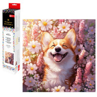 Алмазная мозаика 30х30см (Феникс) Корги с ромашками без подрамника полное заполнение арт.70806