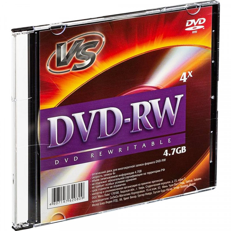 Диск  DVD-RW, 4x, VS, Slim/5, VSDVDRWSL501, ШТУКА