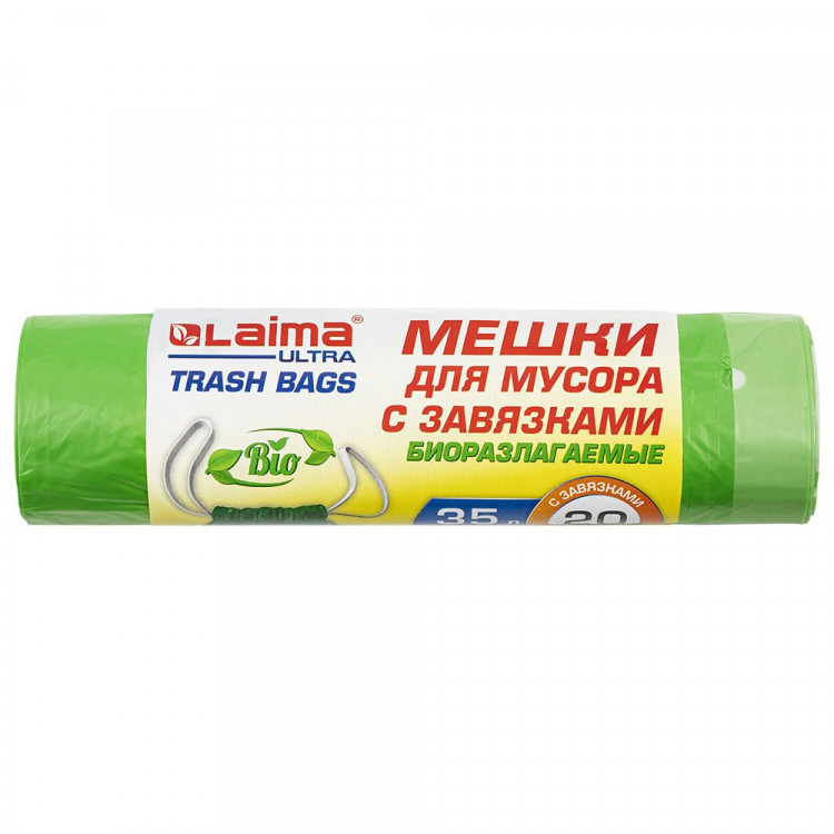 Пакеты для мусора 35л 15мкм 20шт/рулон, ПНД зеленые с завязками