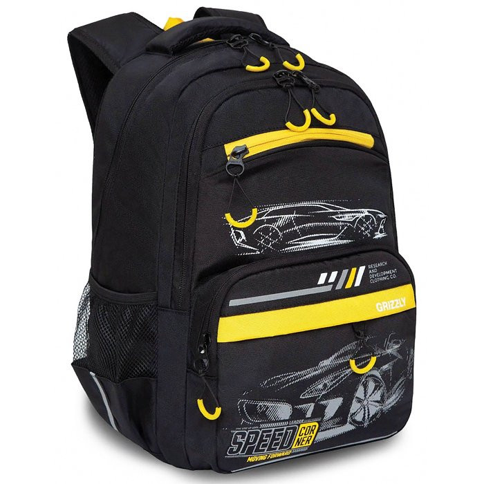 Рюкзак для мальчика школьный (Grizzly) арт.RB-254-1/3 черный-желтый 28х39х19см
