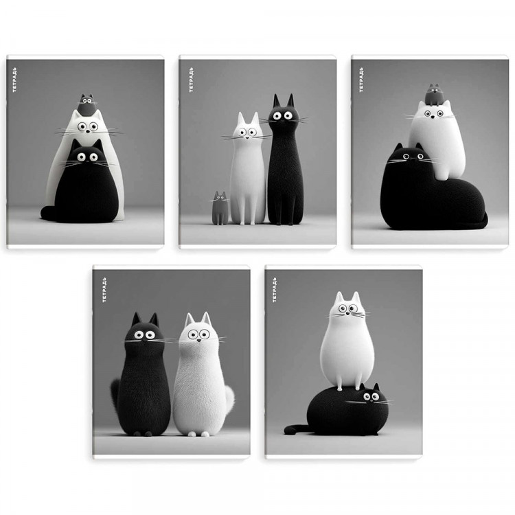 Тетрадь А5 клетка 48 листов скоба Феникс Черно-белые коты выборочный УФ-лак ассорти арт.70930