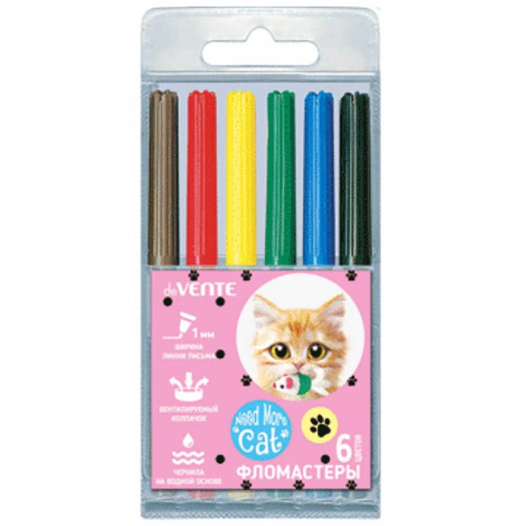 Фломастеры (deVENTE) Need More Cats 06 цветов пластиковый блистер арт.5080332