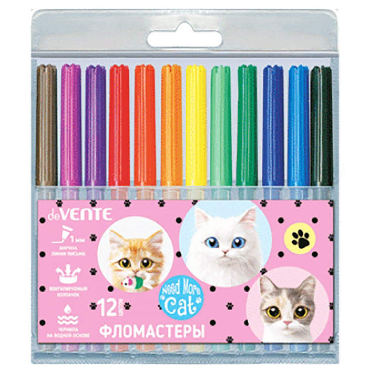 Фломастеры (deVENTE) Need More Cats 12 цветов пластиковый блистер арт.5081332