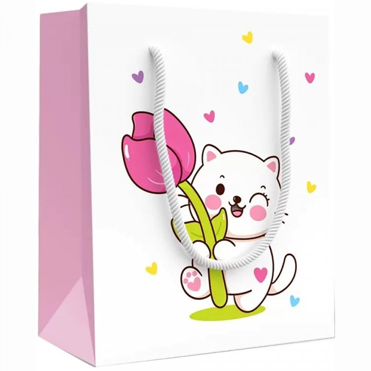 Пакет подароч. бумаж. 13*11см "Котик с тюльпаном" арт.15.20.02273
