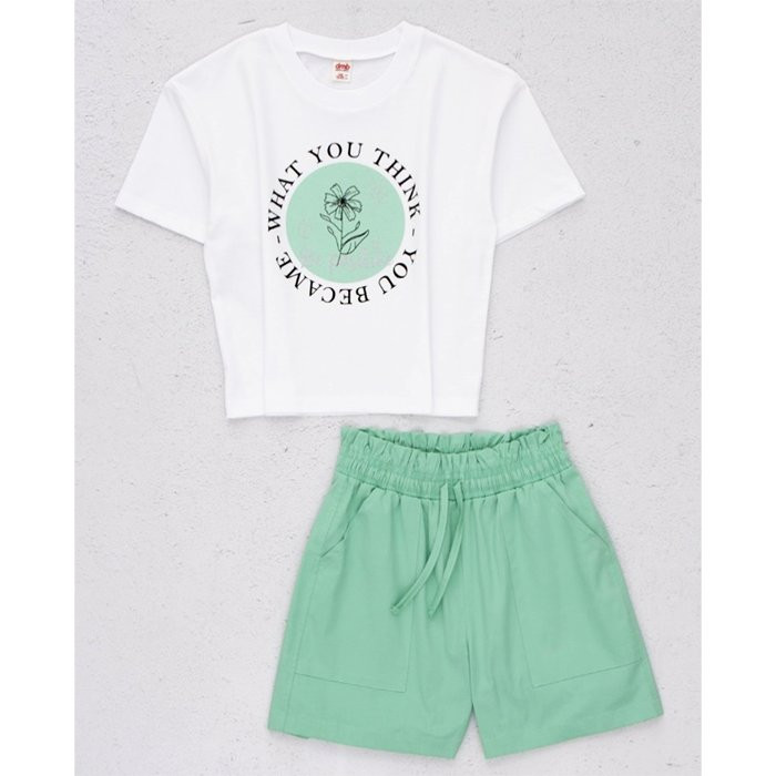 Комплект для  девочки  артикул DMB 2815 размер 32/128-44/164 (футболка+шорты) цвет зеленый