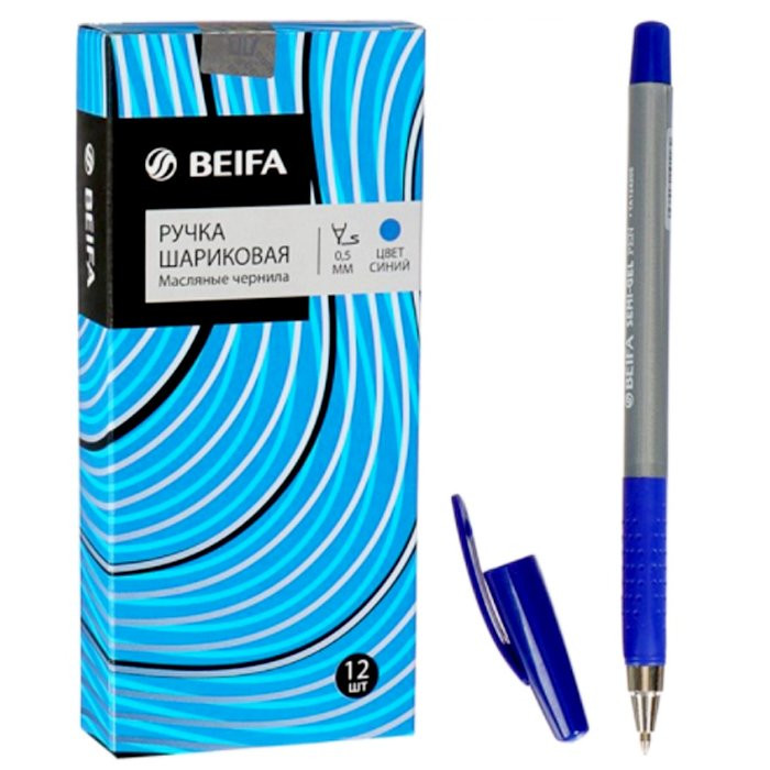 Ручка шариковая  непрозрачный корпус, резиновый упор (BEIFA) синяя, масляная 0,5мм, трехгранный копус "Стильная" арт.ТА 3402 (Ст.12/1728)