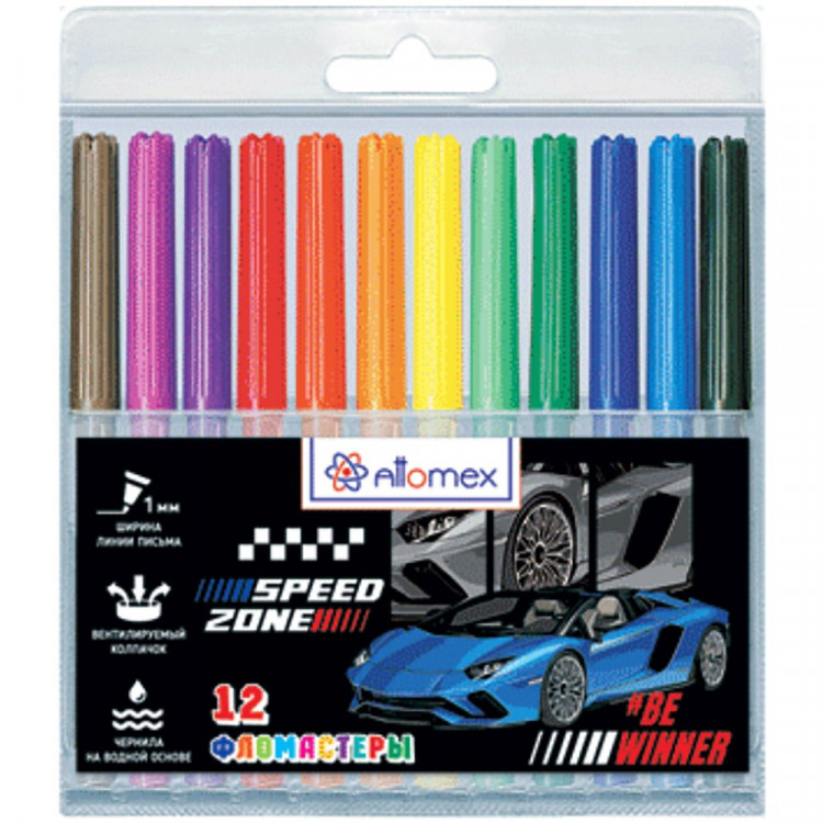 Фломастеры (Attomex) Speed Zone 12 цветов вентилируемый колпачок пластиковый блистер арт.5081440