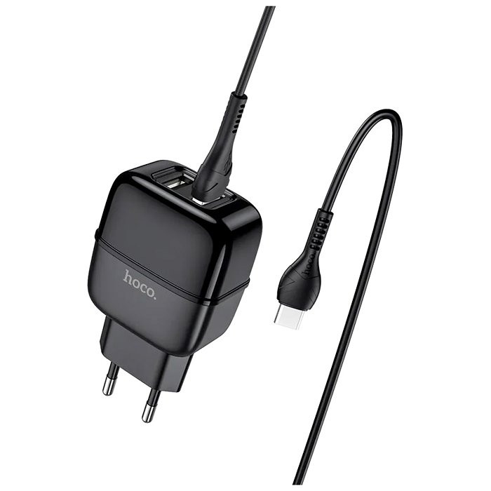 Блок питания сетевой 2 USB HOCO C77A Highway 2400mAh,пластик,кабель Type-C, цвет: черный