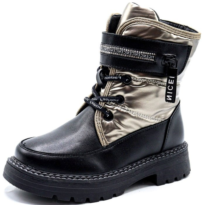 Ботинки для девочки (Колобок) черные верх-комбинированные материалы подкладка - шерсть артикул kok-3759-17