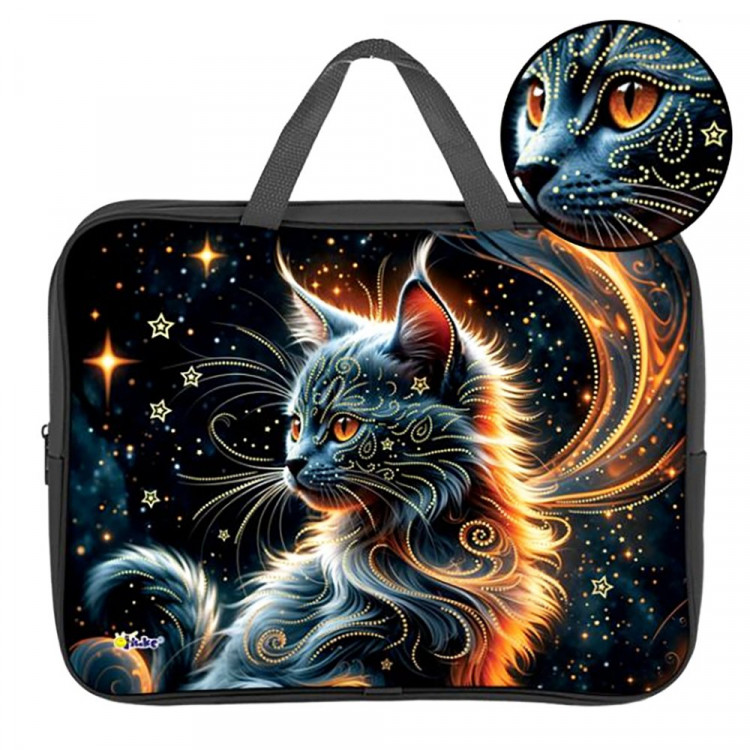 Папка А4 текстиль на молнии ручка-тесьма широкая боковинка Оникс Дымчатый кот фольга арт.ПМД 4-20