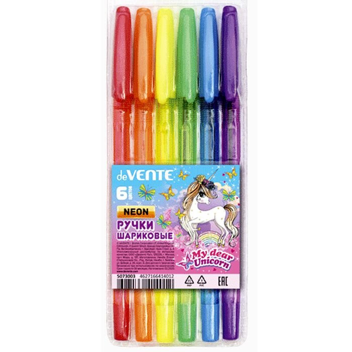 Набор ручек шариковых 6 цветов (deVENTE) Unicorn неон в пластиковом блистере арт.5073003