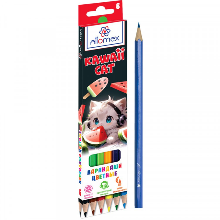 Карандаши цветные (Attomex) Kawaii Cat 6 цветов М, 2,65мм шестигранные арт.5021540