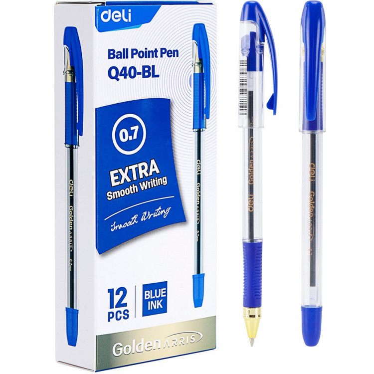 Ручка шариковая прозрачный корпус резиновый упор (Deli) Arris Golden синий, 0,7мм арт.CQ40-BL (Ст.12)